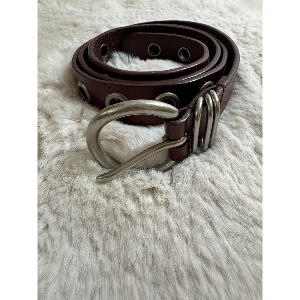 Linea Pelle Belt Skinny Brown Leather Grommets Silver Tone Size M EUC
